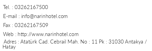 Narin Hotel telefon numaralar, faks, e-mail, posta adresi ve iletiim bilgileri